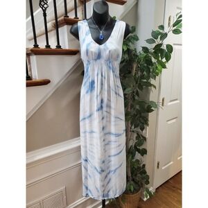 Raviya Womens White Blue Tie Dye 100% Rayon V Neck Sleeveless Maxi Dress Small